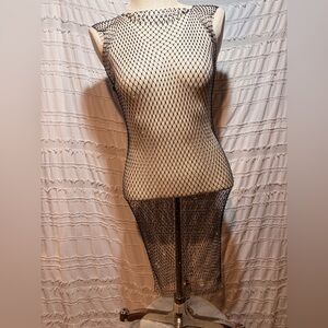 Sleeveless sheer fish net crystal midi cover up dress